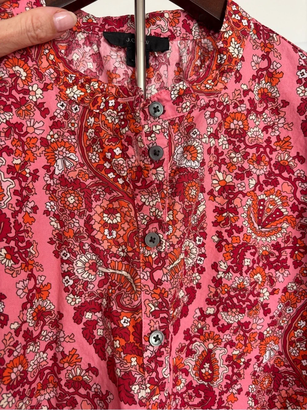 J.Crew Pink Paisley Floral Shirt Cotton Puff Sleeve Blouse Size M Boho Top Fall